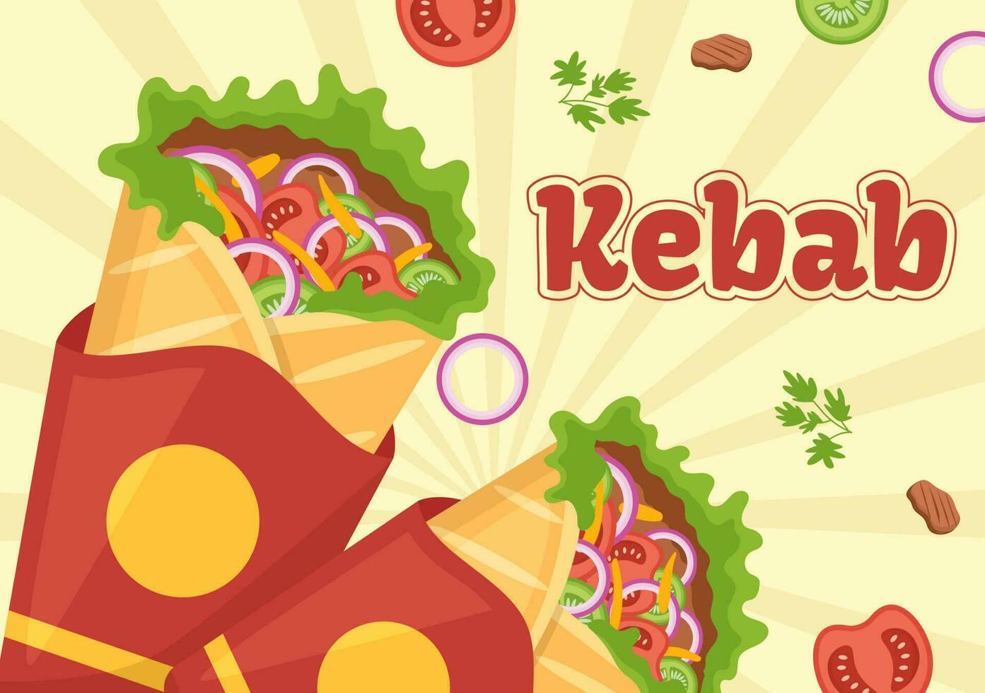 kebab vector illustratie met vulling kip of rundvlees vlees, salade en groenten in brood tortilla inpakken in vlak tekenfilm hand- getrokken Sjablonen