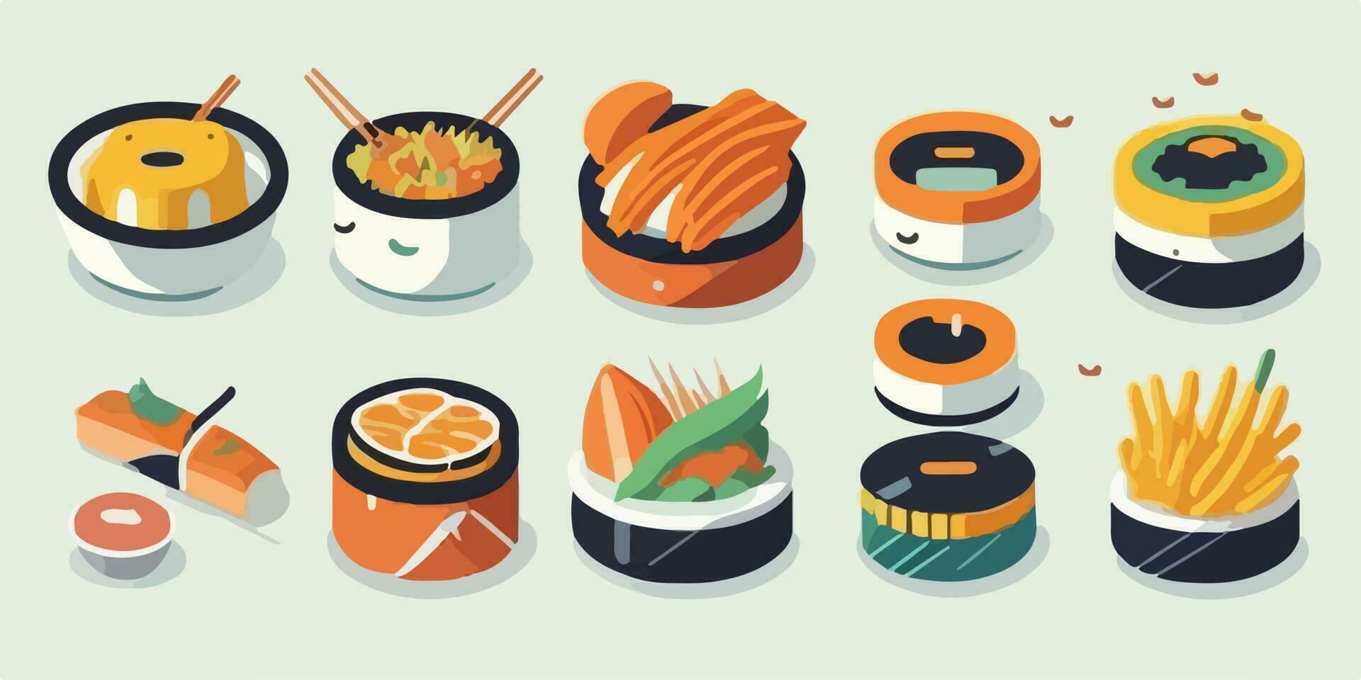 smaakvol reizen, volle kleur illustratie van een watertanden sushi reeks vector