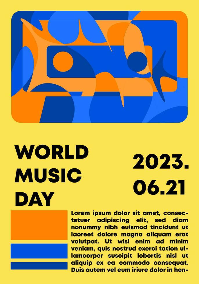 wereld muziek- dag poster met plakband illustratie geel achtergrond. creatief concept vector bewerkbaar. sjabloon ontwerp voor sociaal media, banier, kaart, Hoes