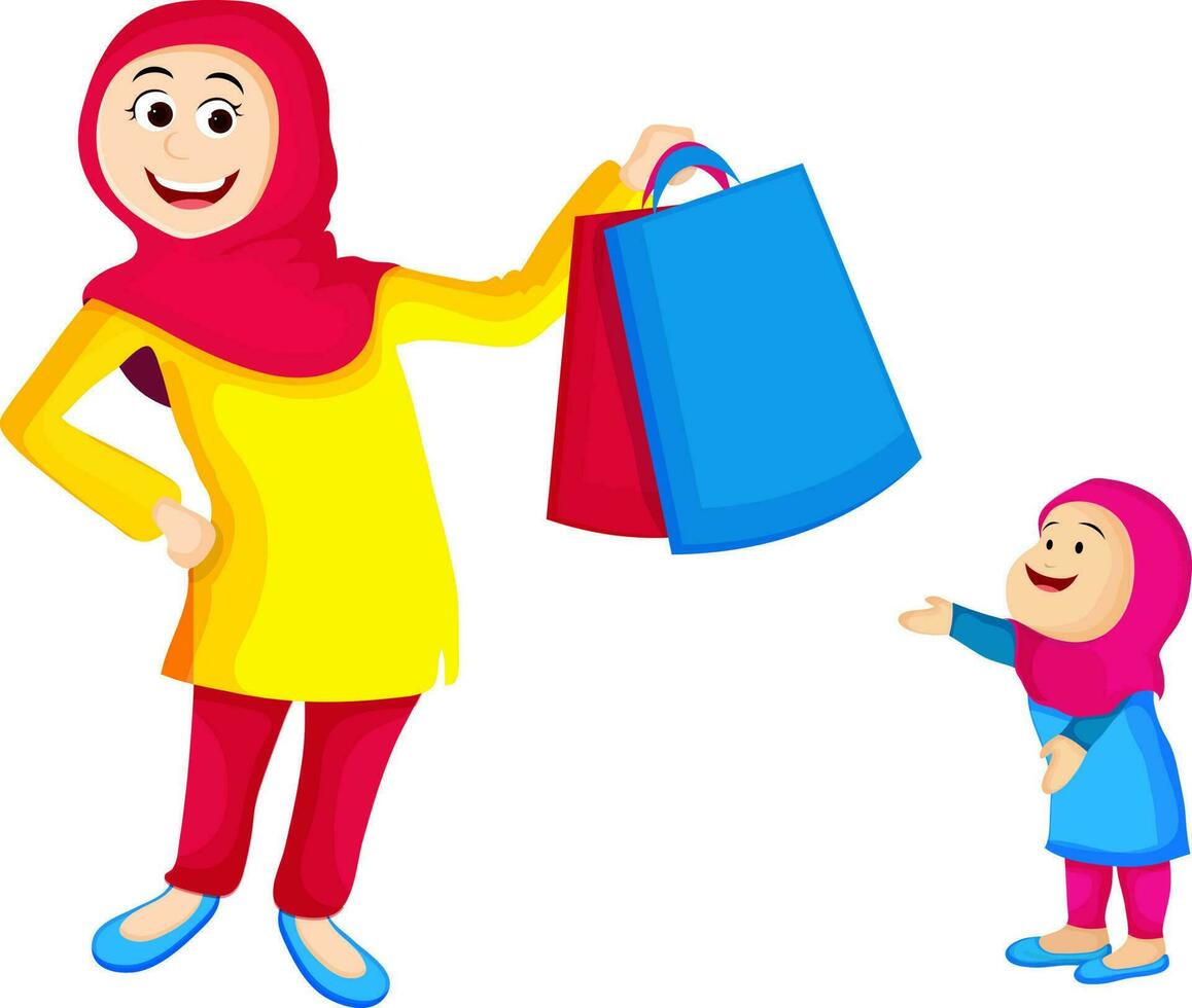 Islamitisch vrouw Holding boodschappen doen Tassen. vector