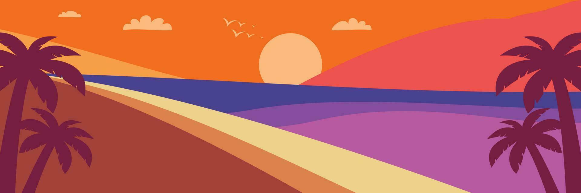 kleurrijk zomer achtergrond met zonsondergang tinten en palm boom pictogrammen. vector illustratie voor promotionele spandoeken, groet kaarten, affiches, sociaal media en web.
