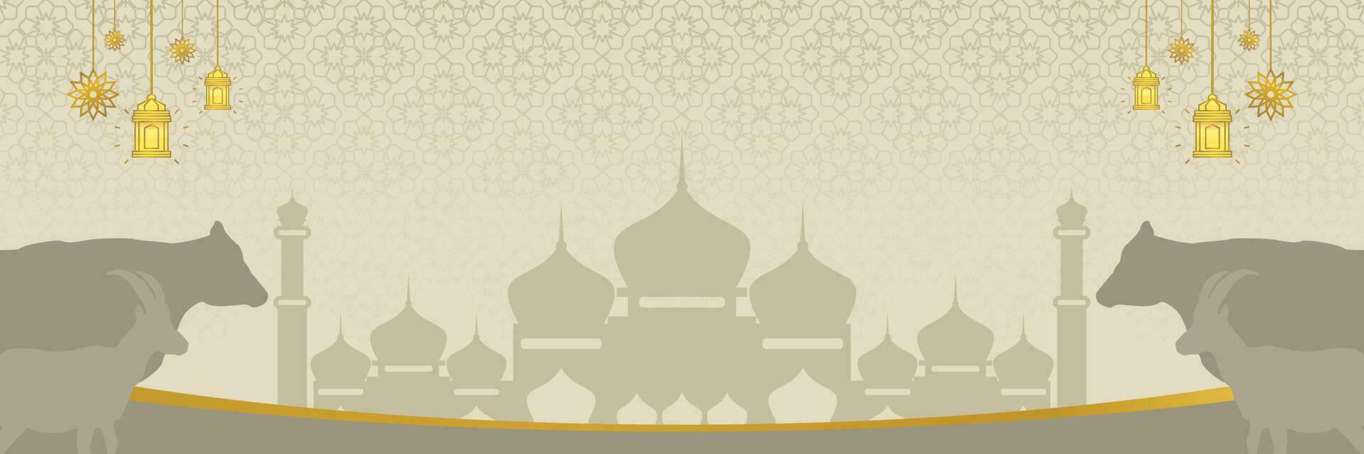 Islamitisch achtergrond voor eid al-adha, met moskee, mandala, koe en geit pictogrammen. banier sjabloon met leeg ruimte voor tekst. korban dag vector illustratie