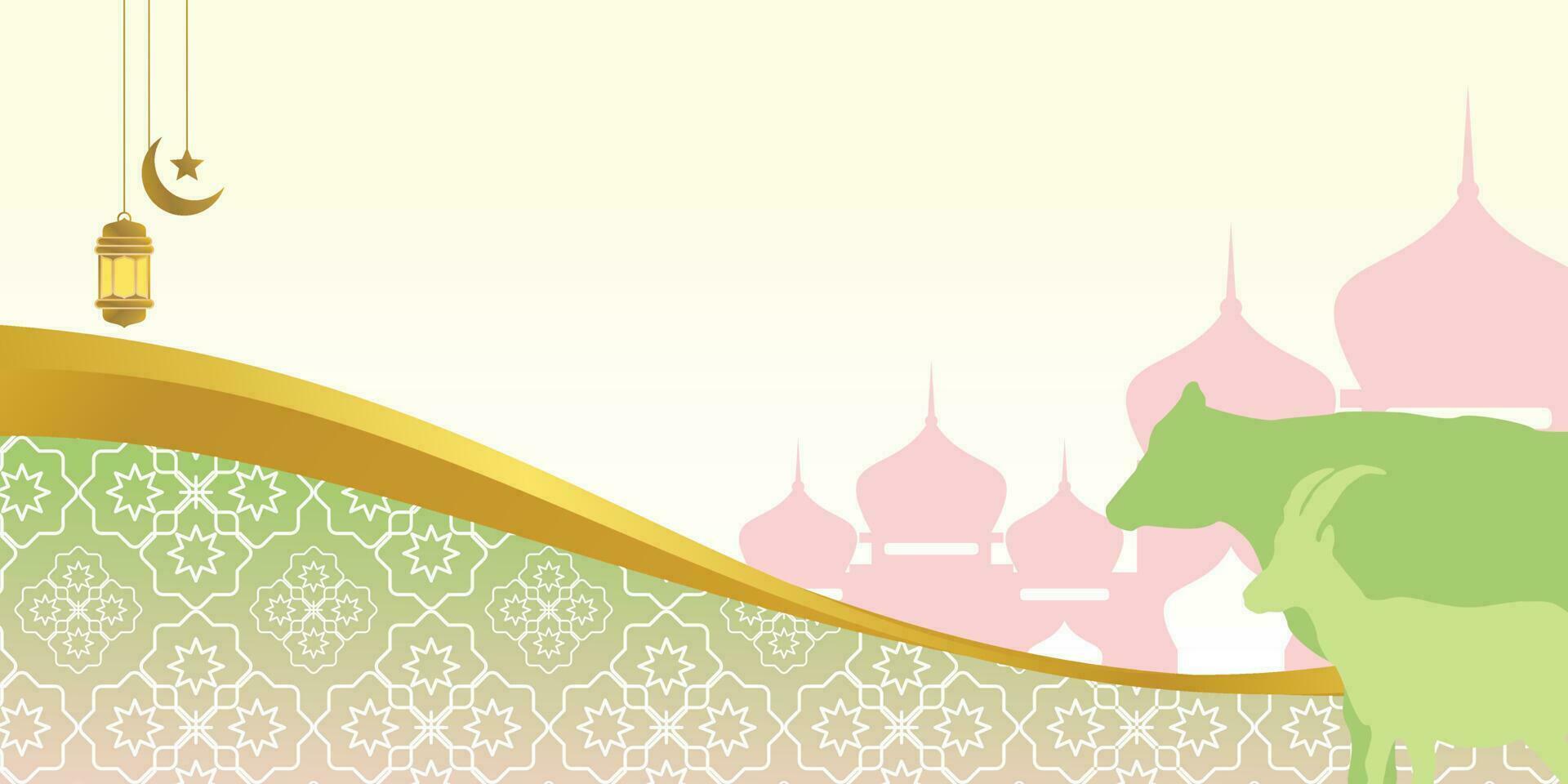 Islamitisch achtergrond voor eid al-adha, met moskee, mandala, koe en geit pictogrammen. banier sjabloon met leeg ruimte voor tekst. korban dag vector illustratie