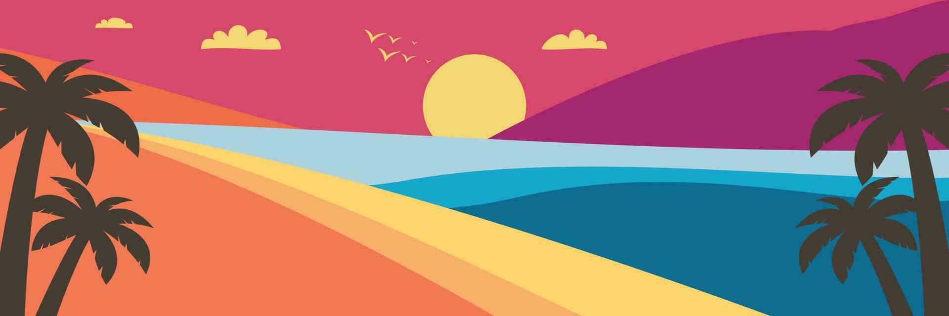 kleurrijk zomer achtergrond met zonsondergang tinten en palm boom pictogrammen. vector illustratie voor promotionele spandoeken, groet kaarten, affiches, sociaal media en web.