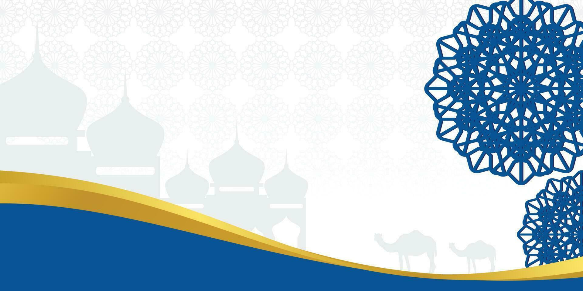 Islamitisch achtergrond, met moskee, mandala en kameel pictogrammen. banier sjabloon met leeg ruimte voor tekst. Islamitisch heilig dag vector illustratie