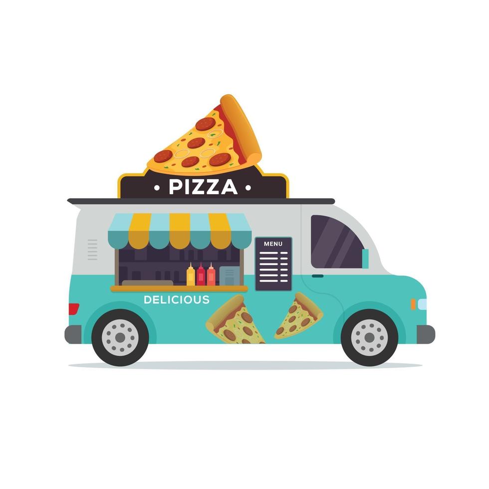 pizza voedsel vrachtwagen platte vectorillustratie vector