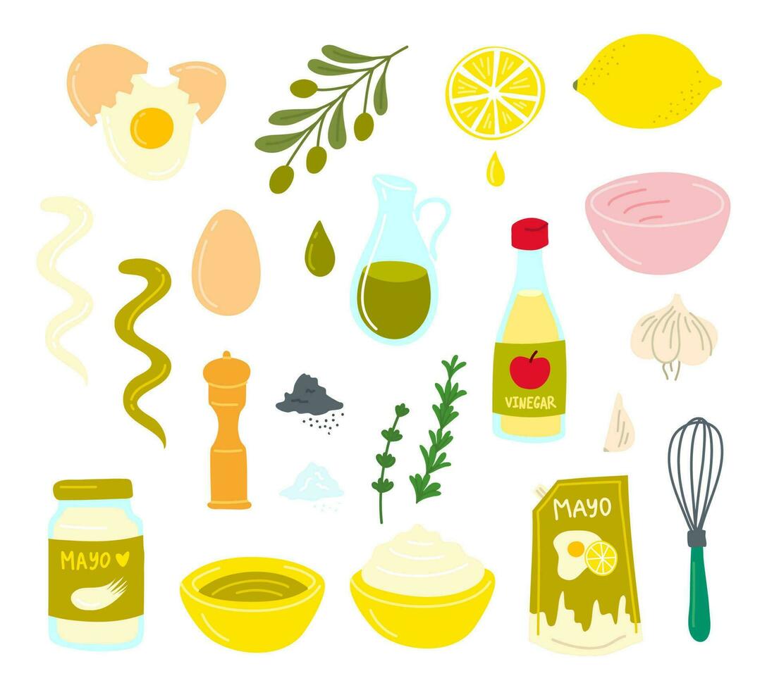 tekenfilm kleur mayonaise ingrediënten pictogrammen set. vector