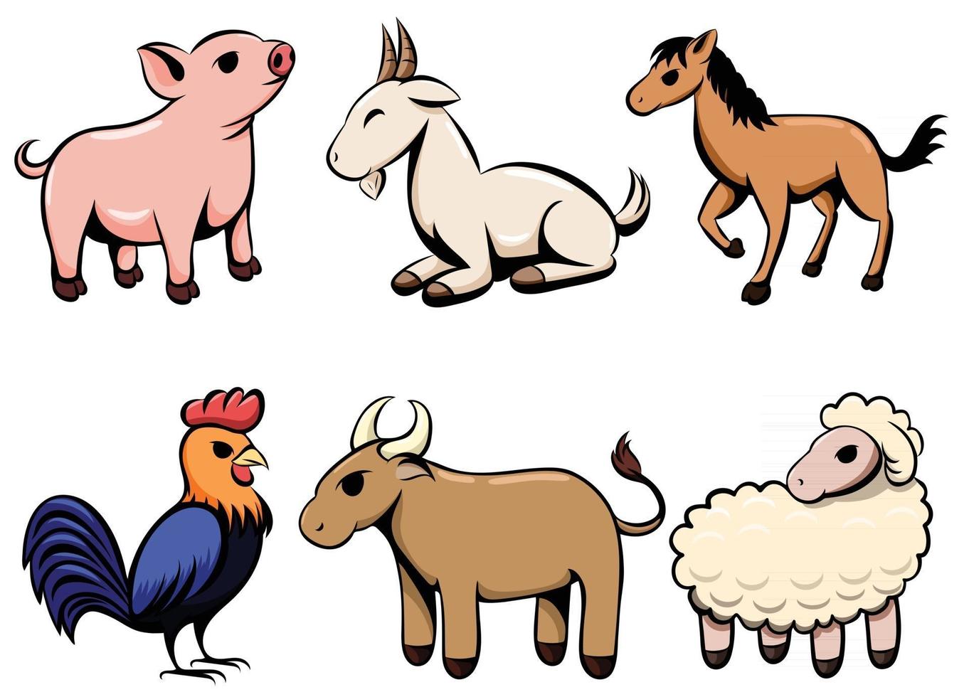 set van zes lijntekeningen cartoon vectorafbeeldingen van verschillende boerderijdieren er zijn varkens geiten paarden kippen koeien en schapen vector