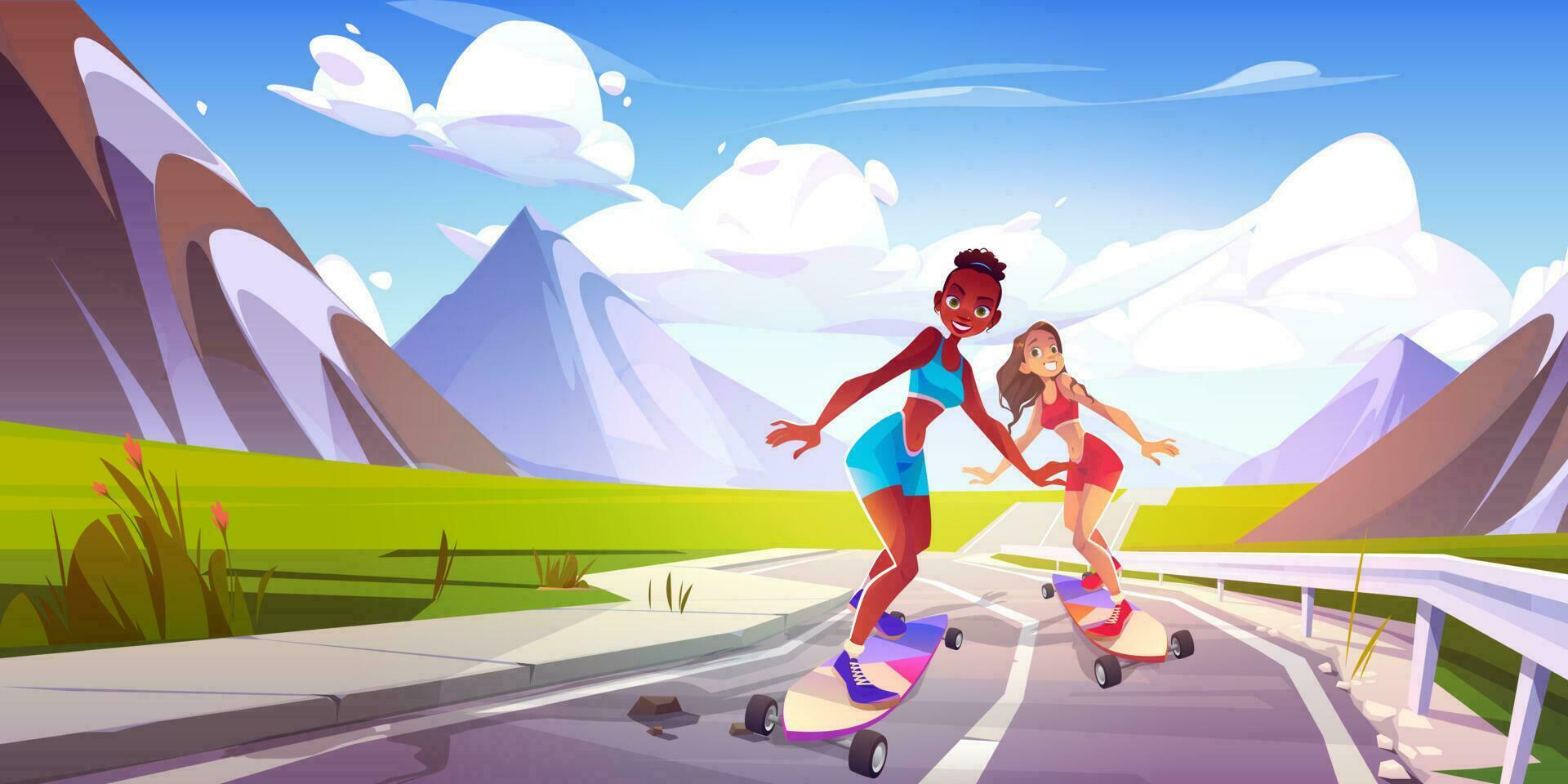 actief jong Dames rijden skateboard in bergen vector