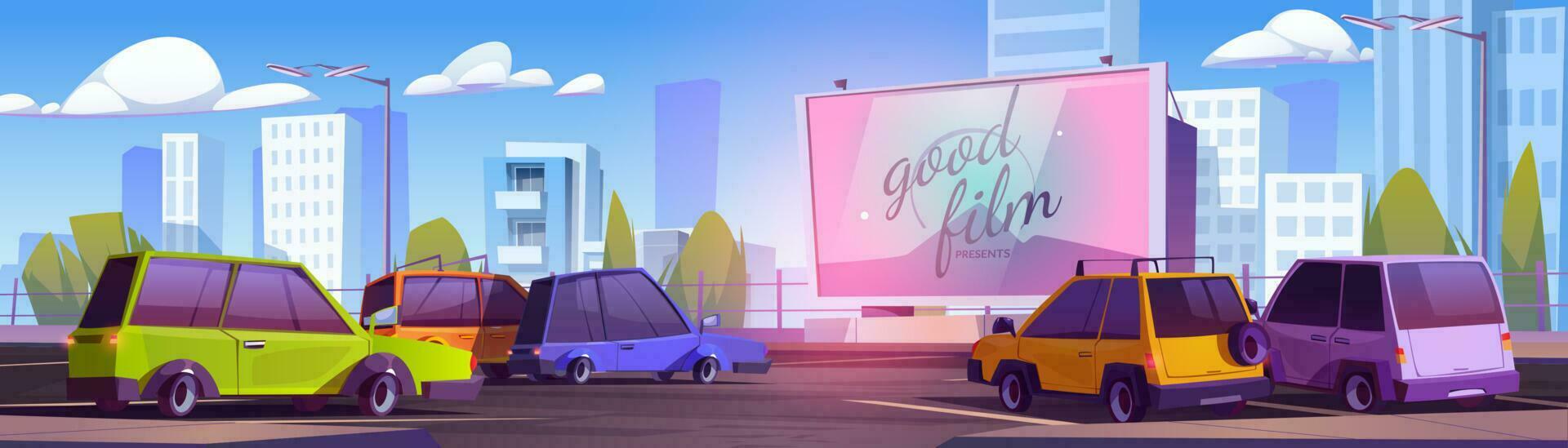 tekenfilm drive-in bioscoop met veel auto's vector