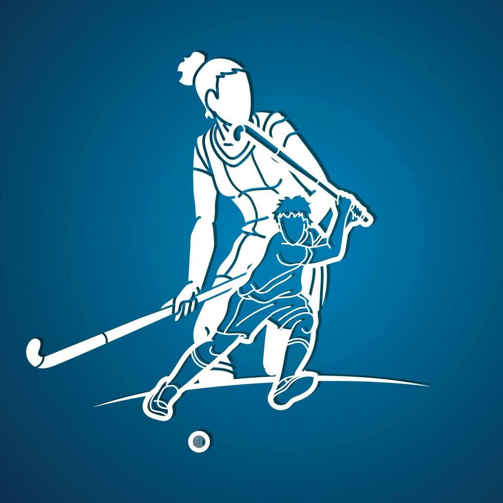 veld- hockey sport Mens en vrouw spelers actie tekenfilm grafisch vector