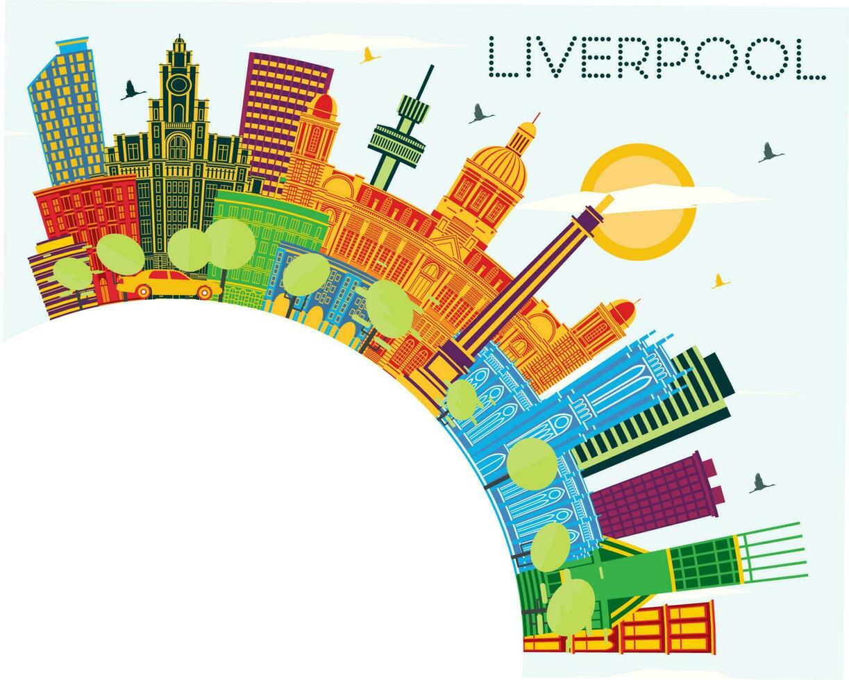 Liverpool horizon met kleur gebouwen, blauw lucht en kopiëren ruimte. Liverpool stadsgezicht met oriëntatiepunten. vector