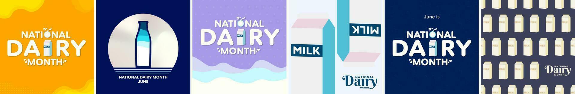 nationaal zuivel maand poster set, gevierd Aan juni. illustratie van melk karton en glas van melk. melk karton patroon, nationaal zuivel maand typografisch ontwerp poster. vector illustratie.