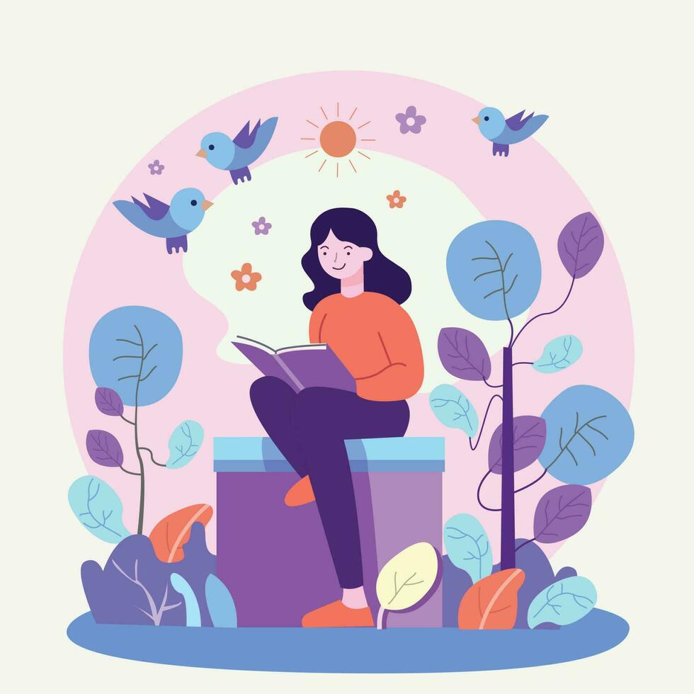 een meisje lezing een boek in een tuin vector