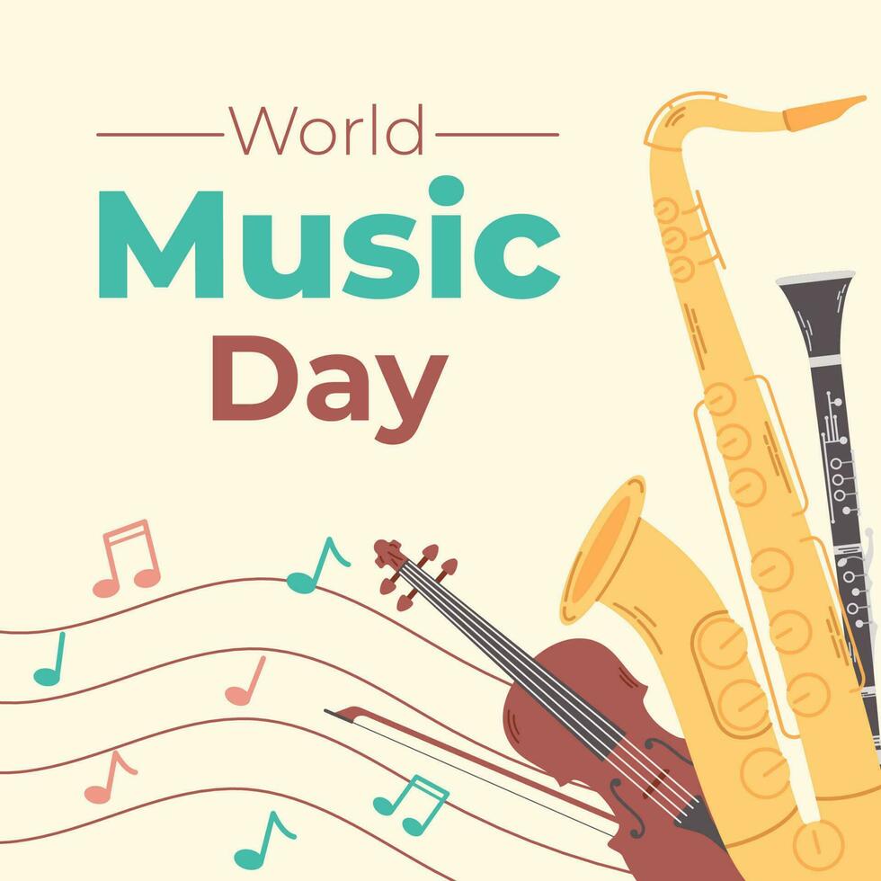 kleurrijk sjabloon met musical instrumenten voor wereld muziek- dag. plein banier voor evenement. vlak vector illustratie.