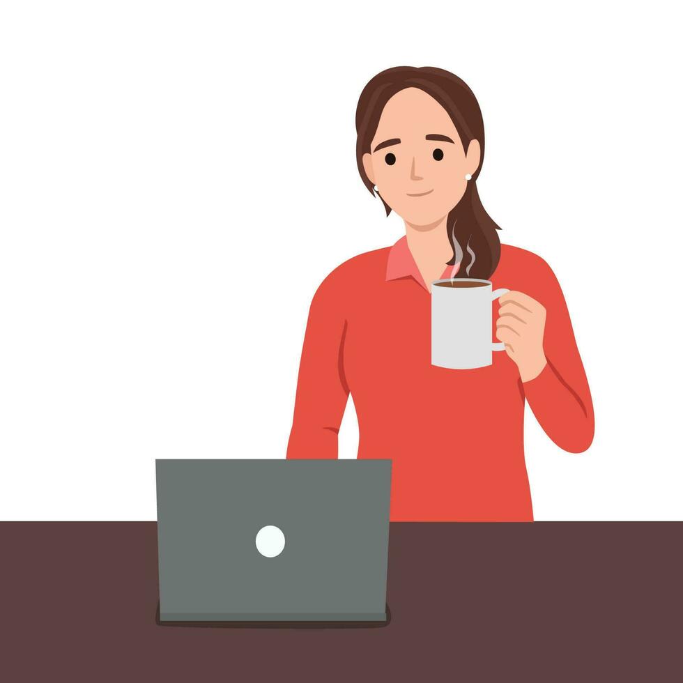 jong vrouw Holding koffie terwijl op zoek Bij laptop geïsoleerd Aan wit achtergrond. concept van ochtend, werken, online conferentie, werken van huis vector