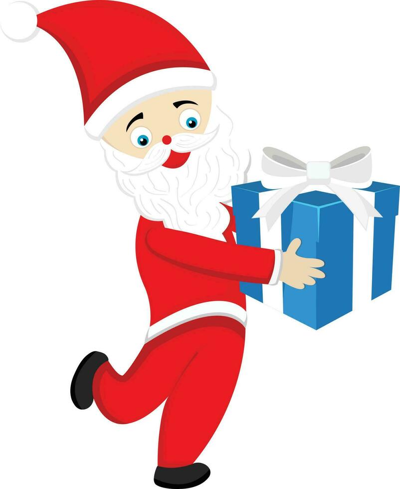 tekenfilm de kerstman claus Holding blauw geschenk doos. vector