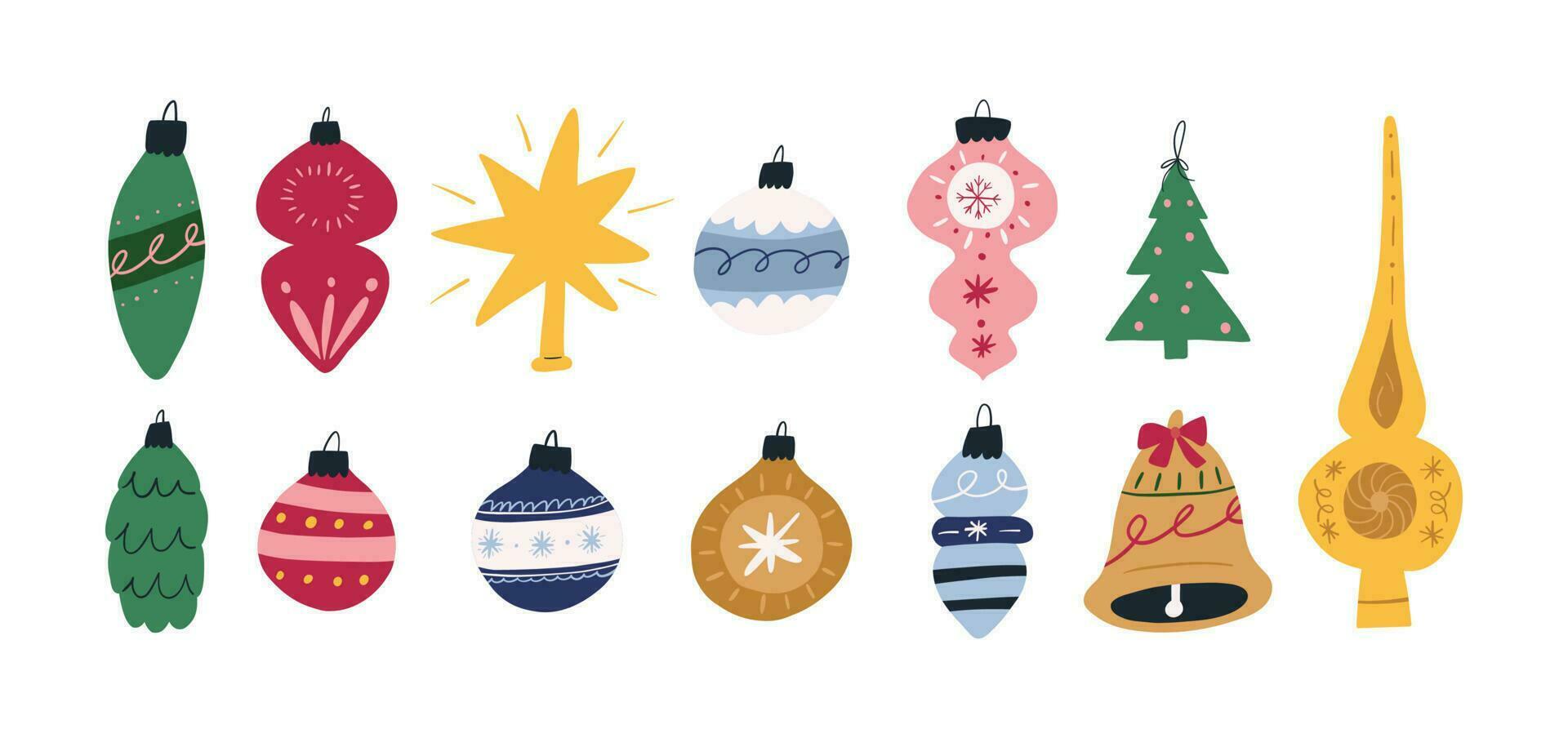 reeks van Kerstmis boom ornamenten, tekenfilm vlak vector illustratie geïsoleerd Aan wit achtergrond. schattig hand- getrokken Kerstmis decoraties. kleurrijk retro kerstballen.