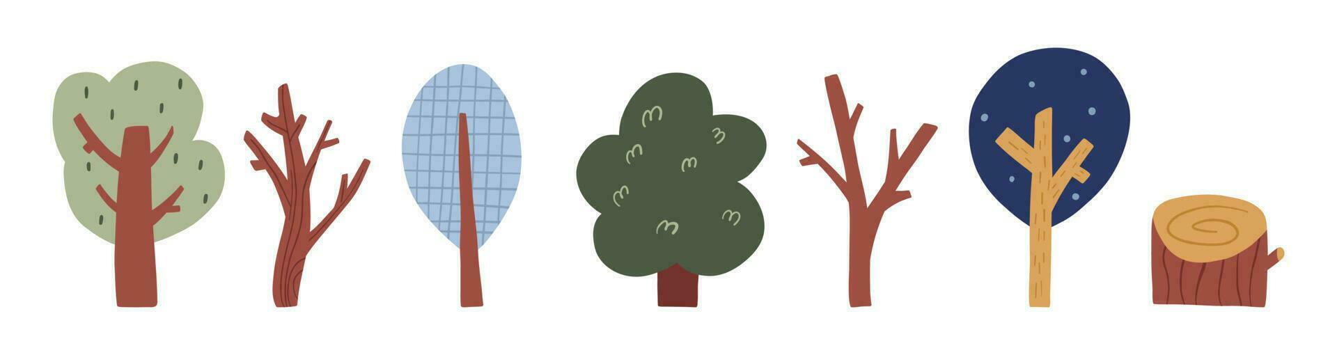 reeks van schattig hand- getrokken bomen, tekenfilm vlak vector illustratie geïsoleerd Aan wit achtergrond. gemakkelijk getextureerde bomen, kaal en met bladeren. tuin, Woud, bossen.