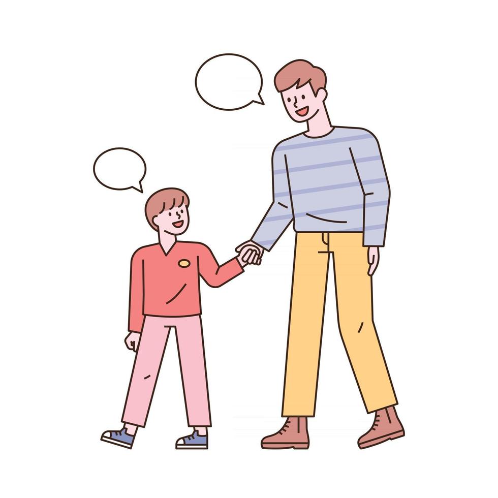 vader en zoon houden elkaars hand vast en lopen samen, in een prettig gesprek. platte ontwerpstijl minimale vectorillustratie. vector