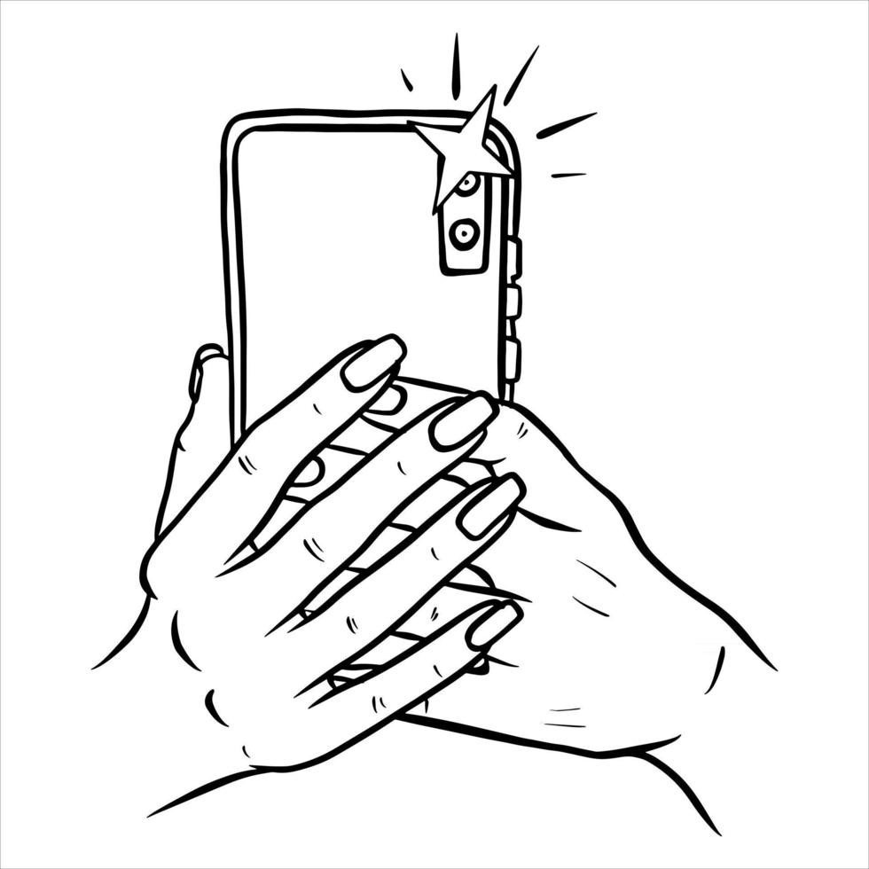 foto's op de telefoon telefoon in de hand selfie cartoon-stijl vector