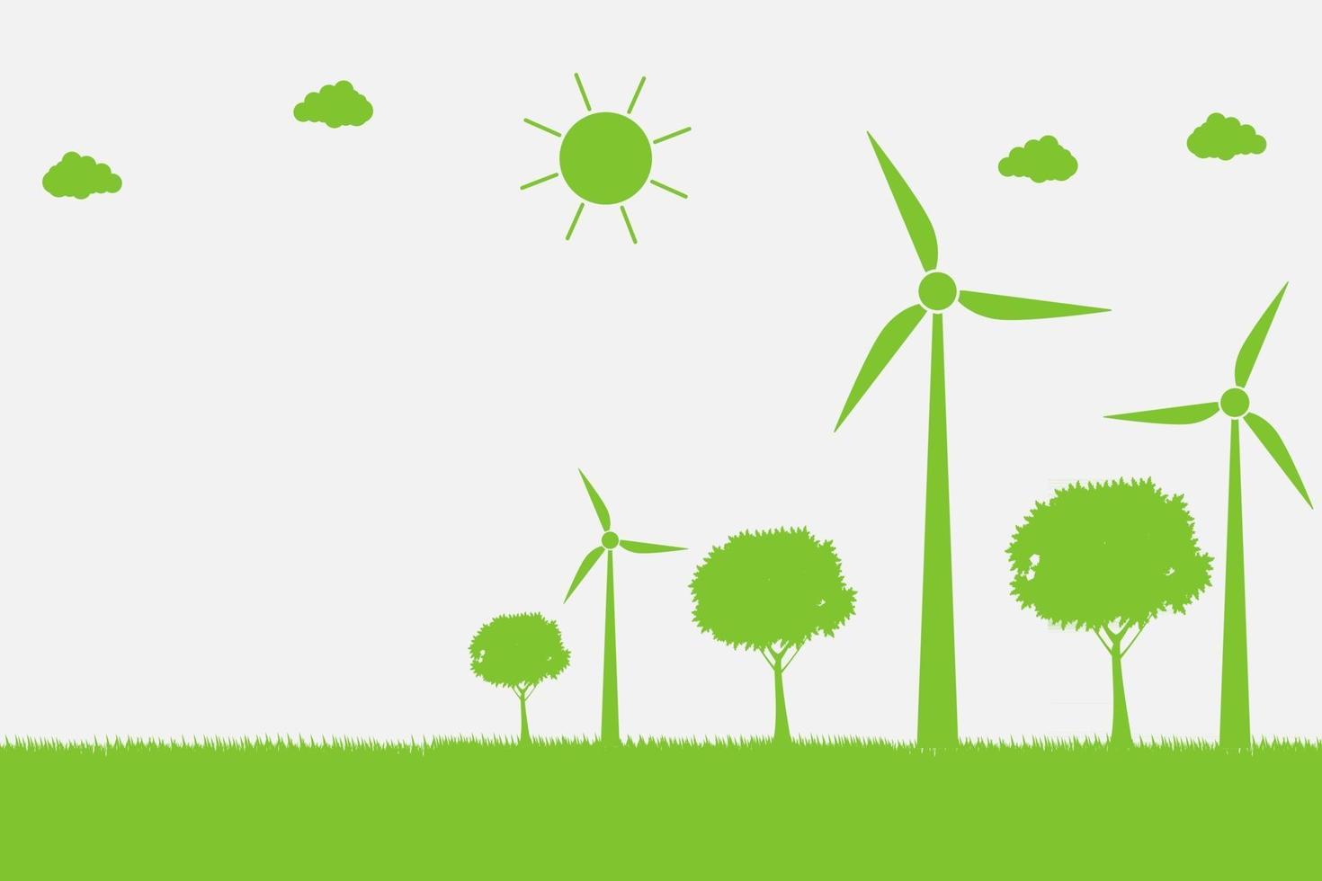 windturbines met bomen en zon schone energie met milieuvriendelijke conceptideeën vector