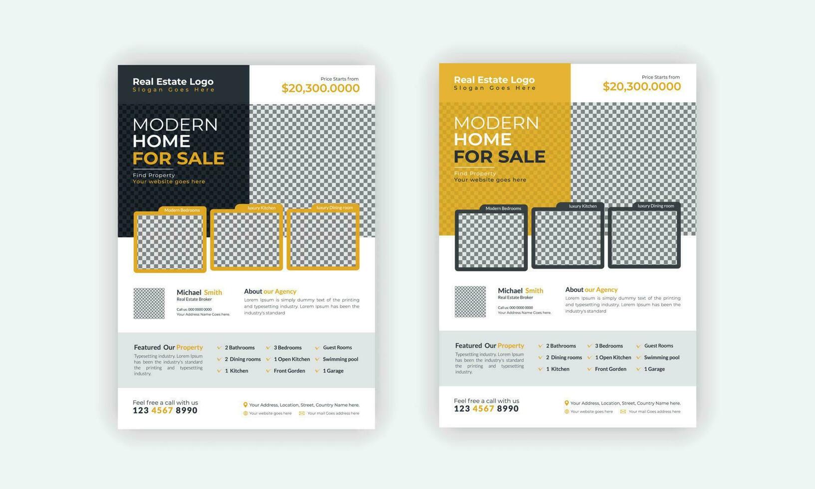 luxe huis uitverkoop advertentie poster lay-out met twee kleur variaties, echt landgoed folder sjabloon ontwerp voor behuizing of eigendom bedrijf agentschappen. vector