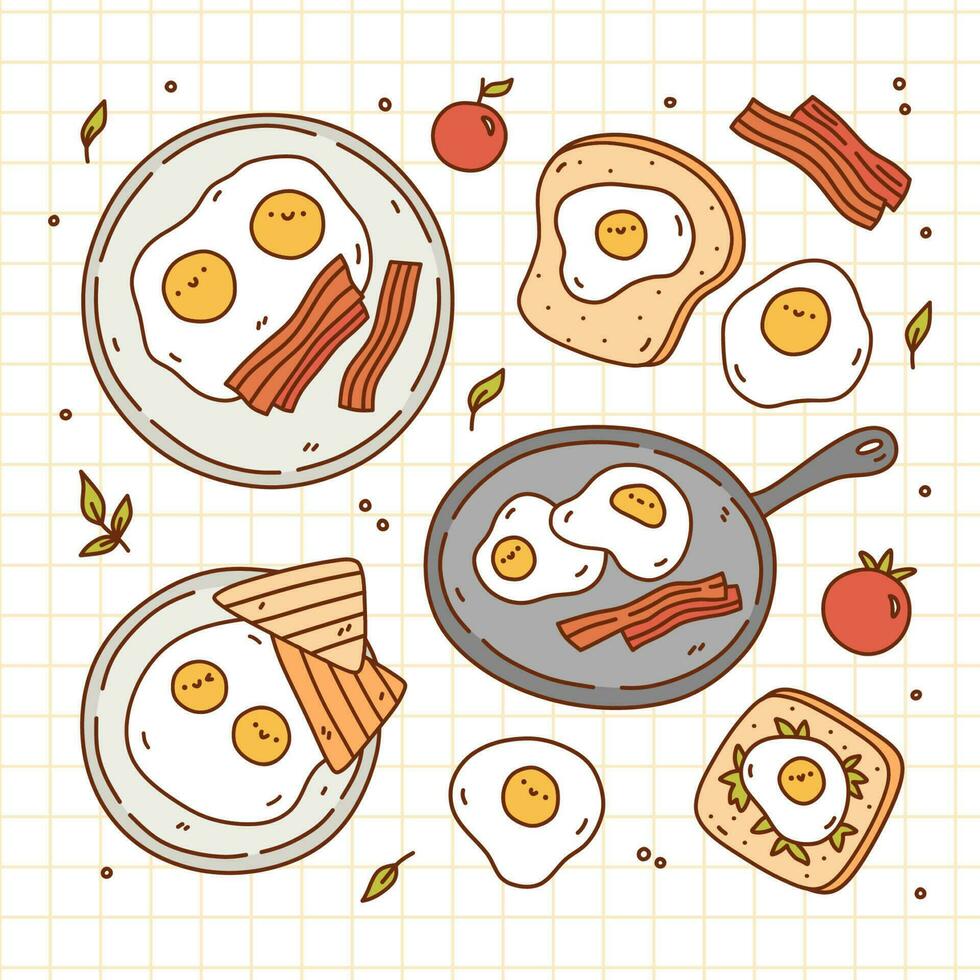 schattig ontbijt reeks met gebakken eieren, spek, geroosterd brood en tomaten. vector hand getekend illustratie in kawaii tekening stijl. perfect voor divers ontwerpen, kaarten, stickers, decoraties, logo, menu, recepten.