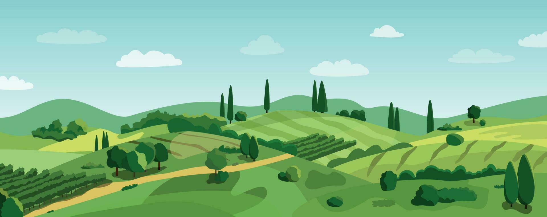 Italiaans wijngaarden tekenfilm landschap met groen heuvels en velden. vector illustratie. vlak ontwerp spandoek. Europese zomer landelijk landschap