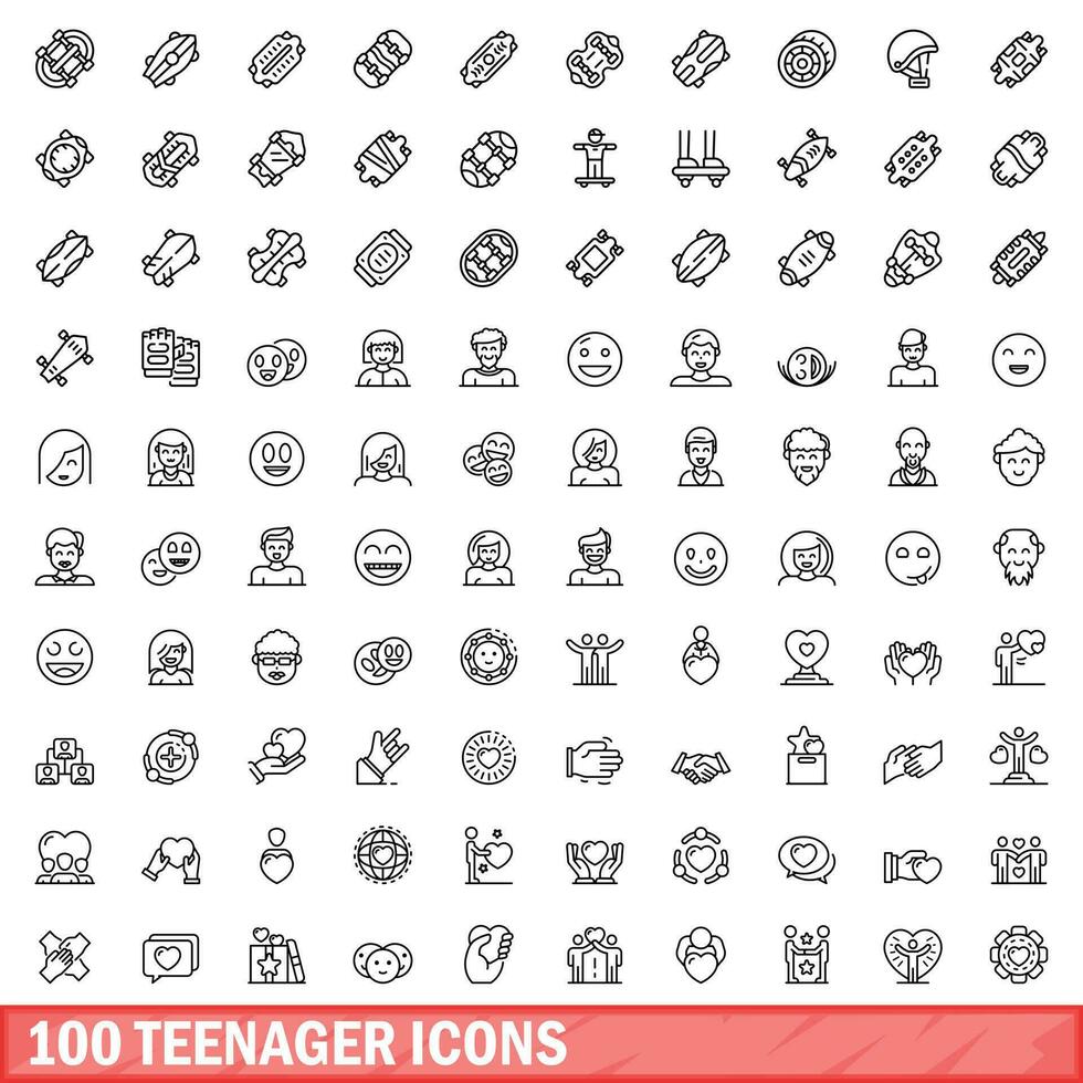 100 tiener pictogrammen set, schets stijl vector