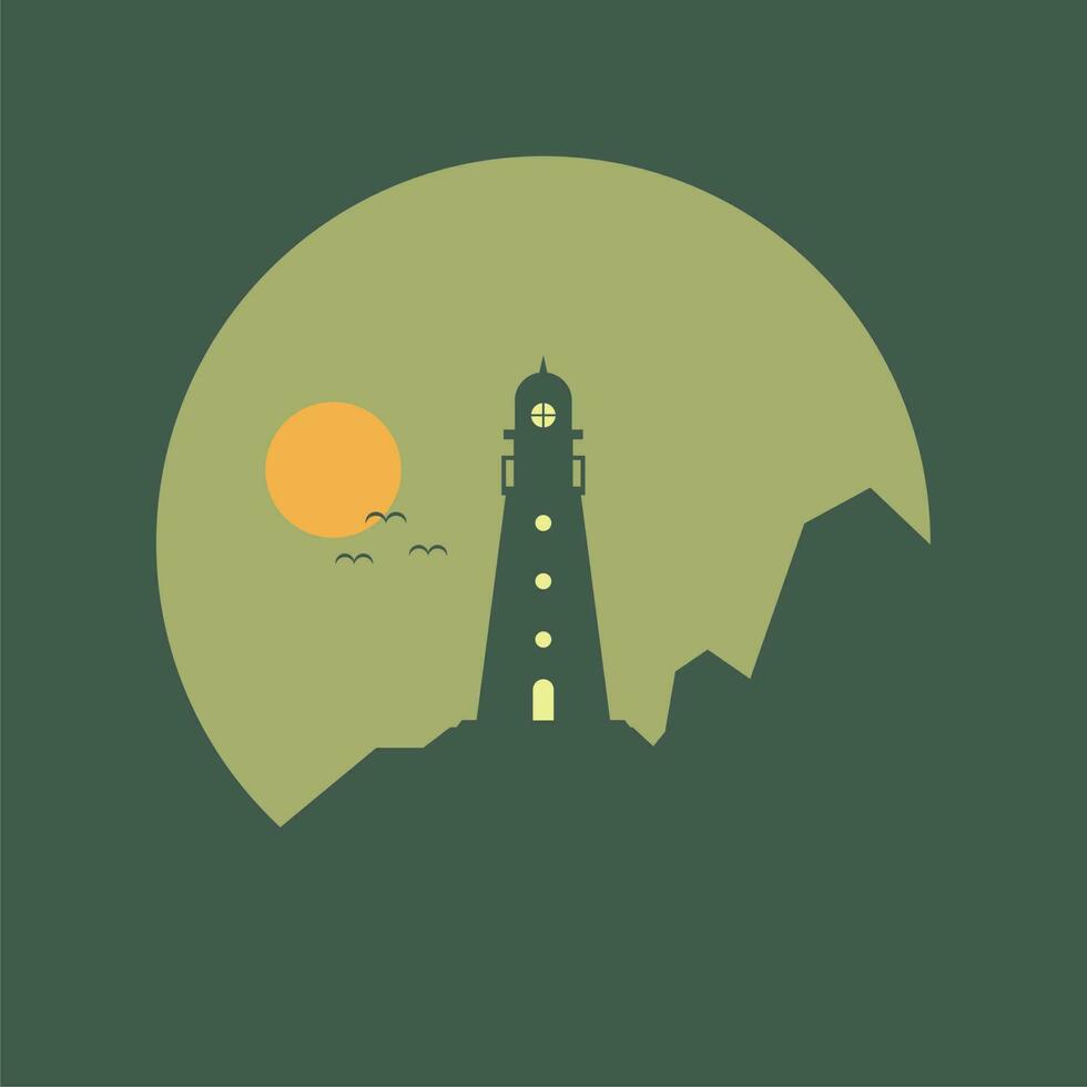 vuurtoren Aan de rand van een klif met zonsopkomst of zonsondergang vlak ontwerp vector illustratie