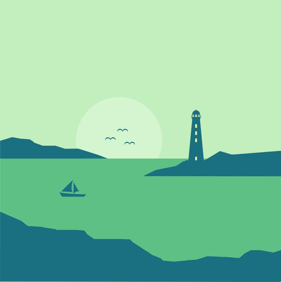 vuurtoren Aan de kust met zonsopkomst of zonsondergang vlak ontwerp vector illustratie