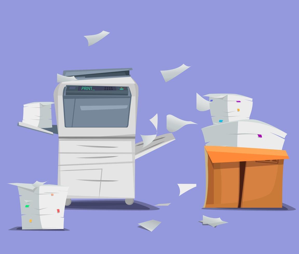 kantoor multifunctionele printer scanner kopieerapparaat met vliegend papier geïsoleerd op achtergrond kopieer machine met stapel documenten stapel papier in kartonnen dozen vector
