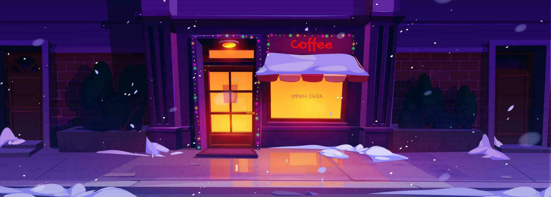 tekenfilm cafe buitenkant met Kerstmis decoratie vector
