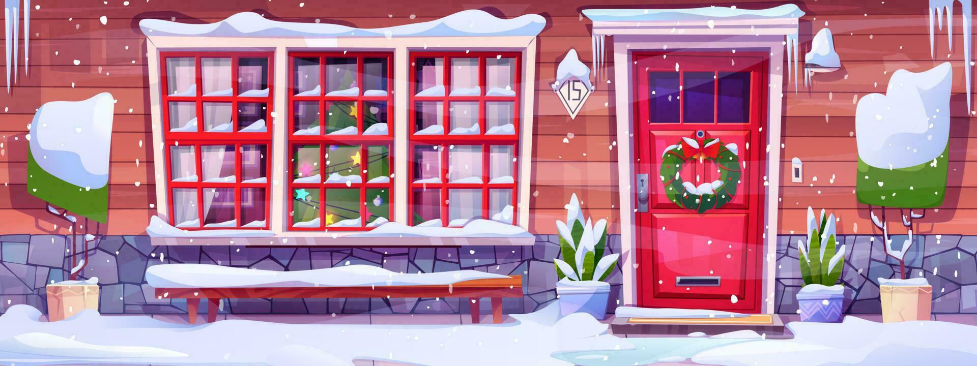 Kerstmis voorkant deur en veranda winter illustratie vector