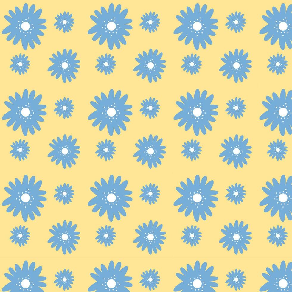 blauw bloemen geïsoleerd Aan geel achtergrond. hand- getrokken bloemen naadloos patroon vector illustratie.