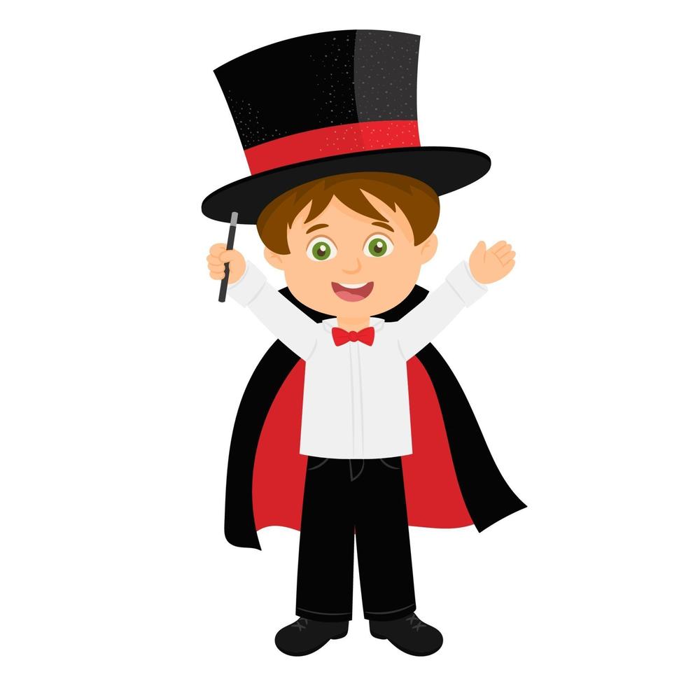 jongen verkleed als goochelaar maakt een presentatie met hoed en toverstaf vector