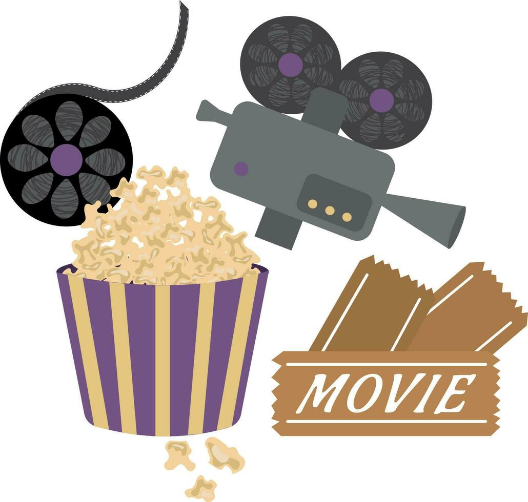 film. popcorn, kaartjes, camera. hoog kwaliteit vector illustratie.