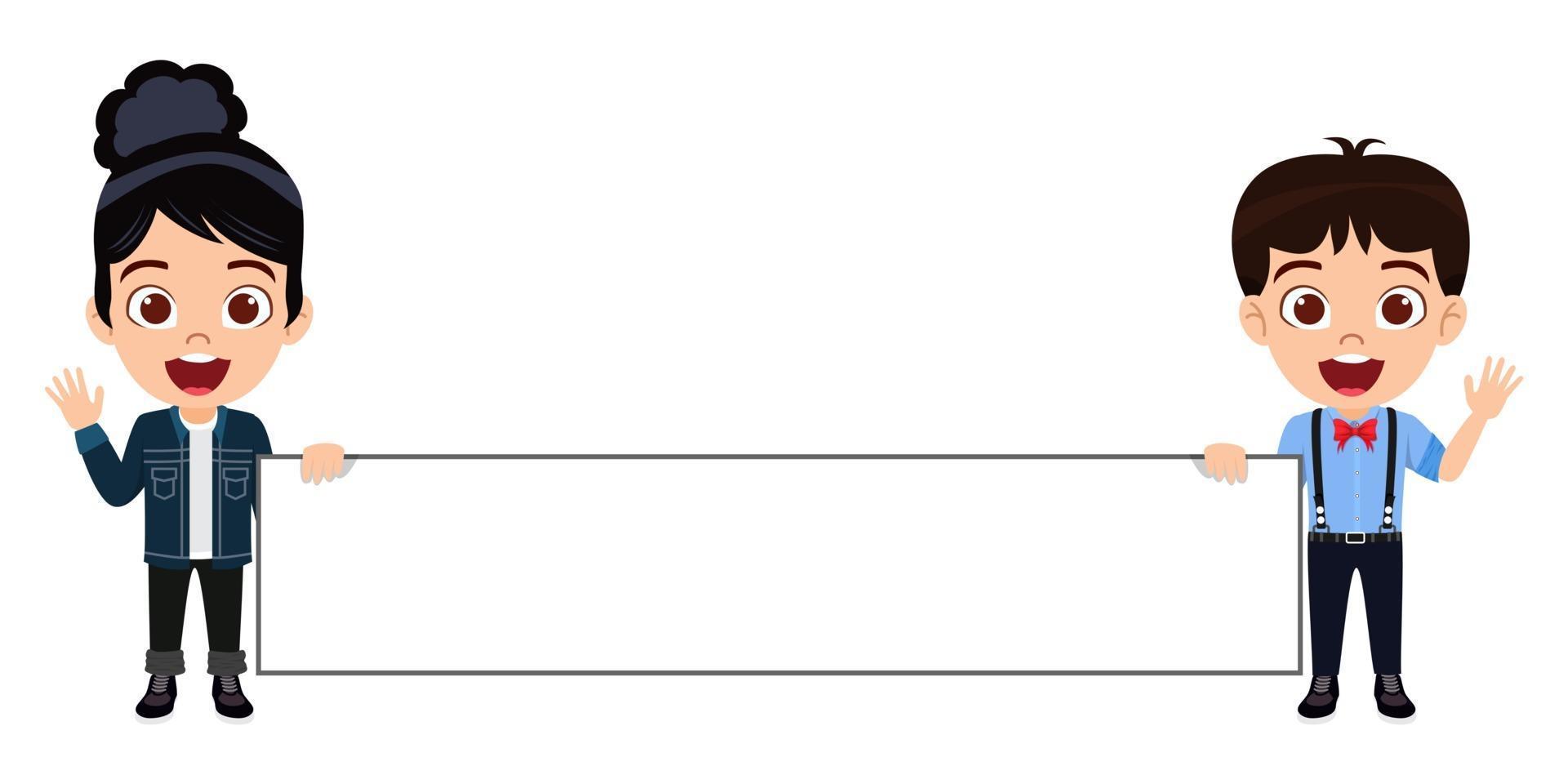 gelukkig schattige jongen jongen en meisje karakter staan samen met plakkaat wit leeg bord en glimlachend zwaaien poseren vector