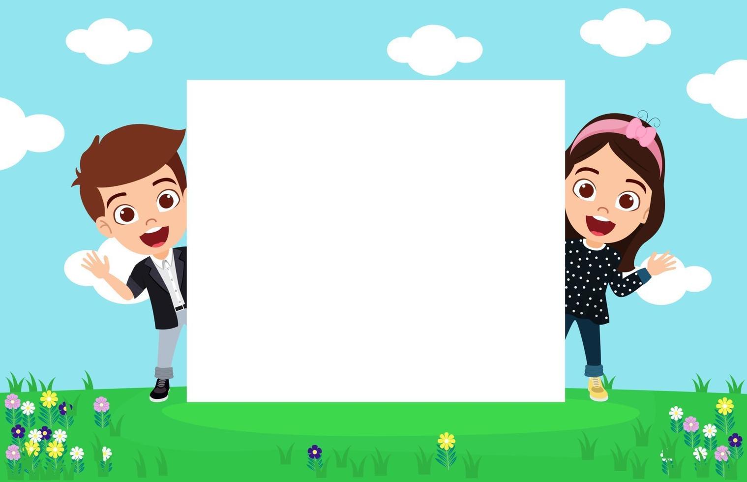 gelukkig schattige jongen jongen en meisje karakter team staan achter plakkaat op tuin achtergrond met vrolijke uitdrukking vector