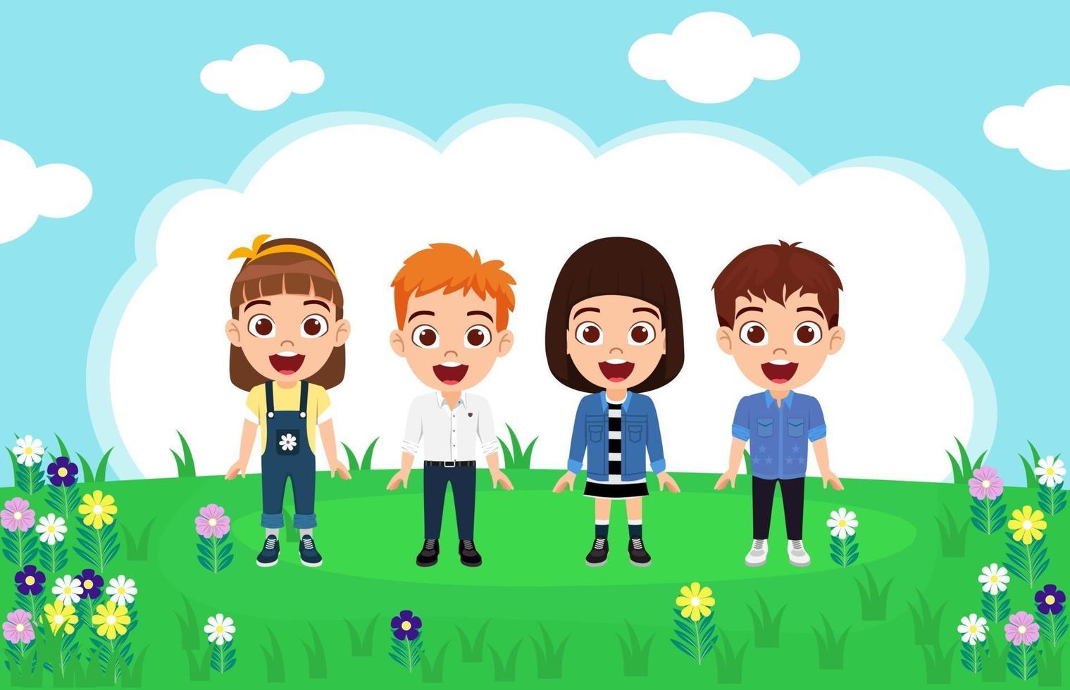 gelukkig schattige jongen jongens en meisjes karakter dragen mooie outfit staan en poseren geïsoleerd op tuin achtergrond vector