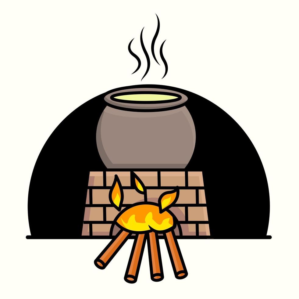 ketel en houtkachel met vlammen branden illustratie vector