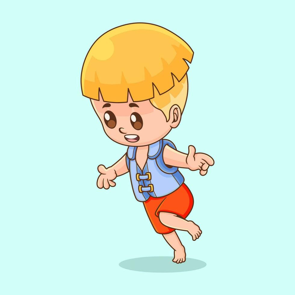 schattig illustratie van een jongen met een gelukkig gezicht gastvrij zomer, gebruik lichaam drijft en zwemmen kleding vector