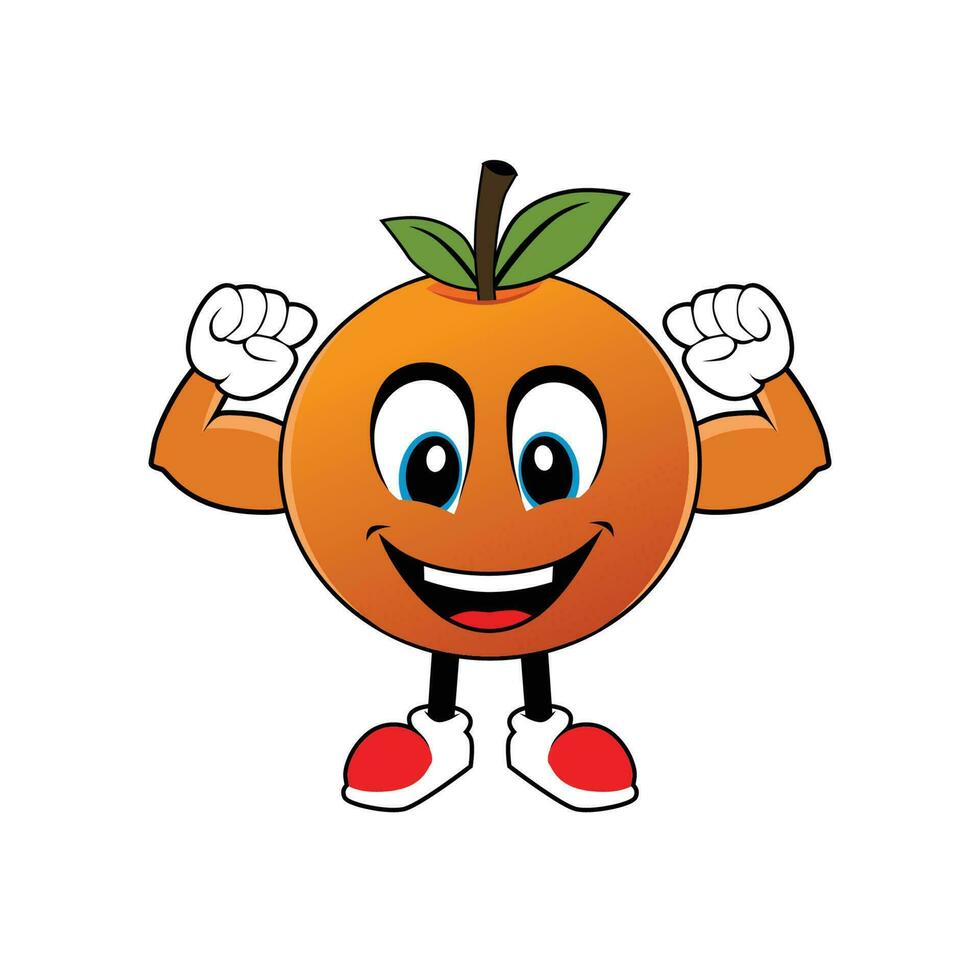 glimlachen oranje fruit tekenfilm mascotte met spier armen .illustratie voor sticker icoon mascotte en logo vector