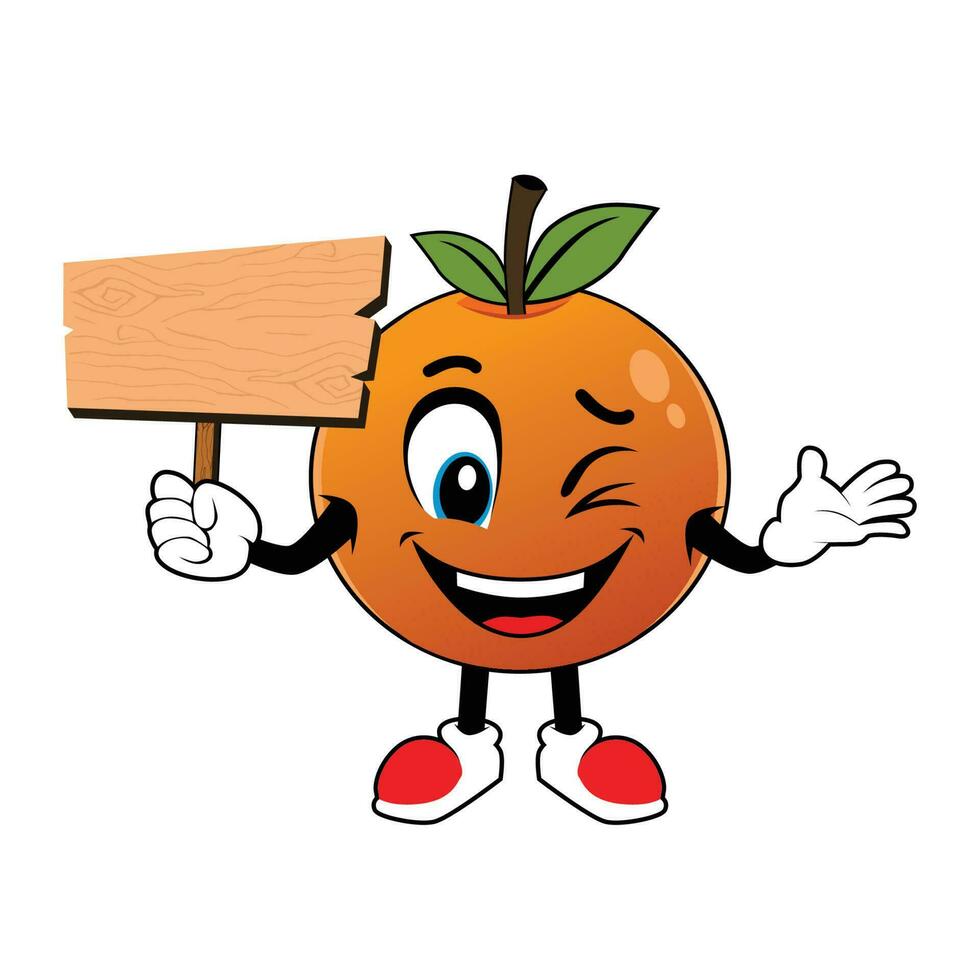 glimlachen oranje fruit tekenfilm mascotte Holding omhoog een blanco hout teken .illustratie voor sticker icoon mascotte en logo vector