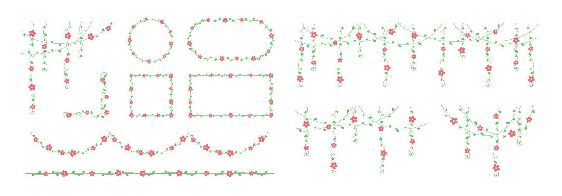 wijnstokken met rood bloemen kaders en grenzen, hangende Liaan gordijn ontwerp, botanisch elementen vector illustratie reeks