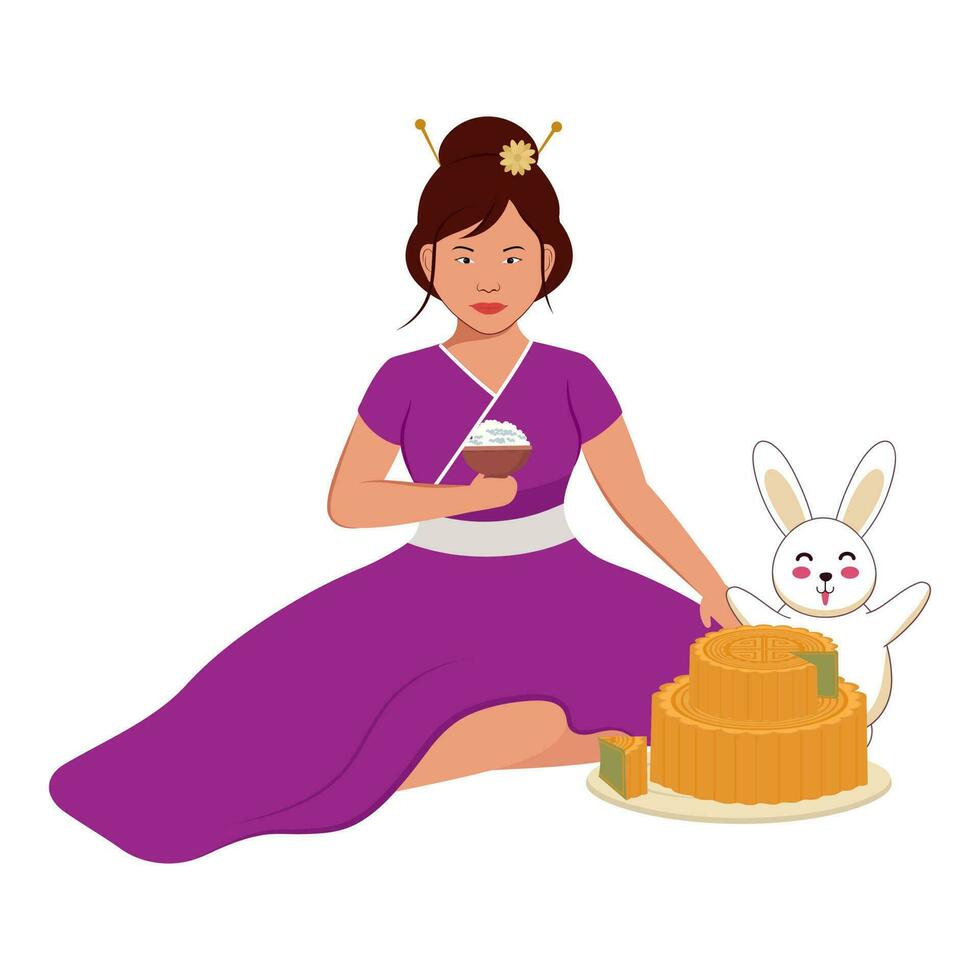 Chinese jong vrouw zittend met grappig konijn en mooncake illustratie Aan wit achtergrond. vector