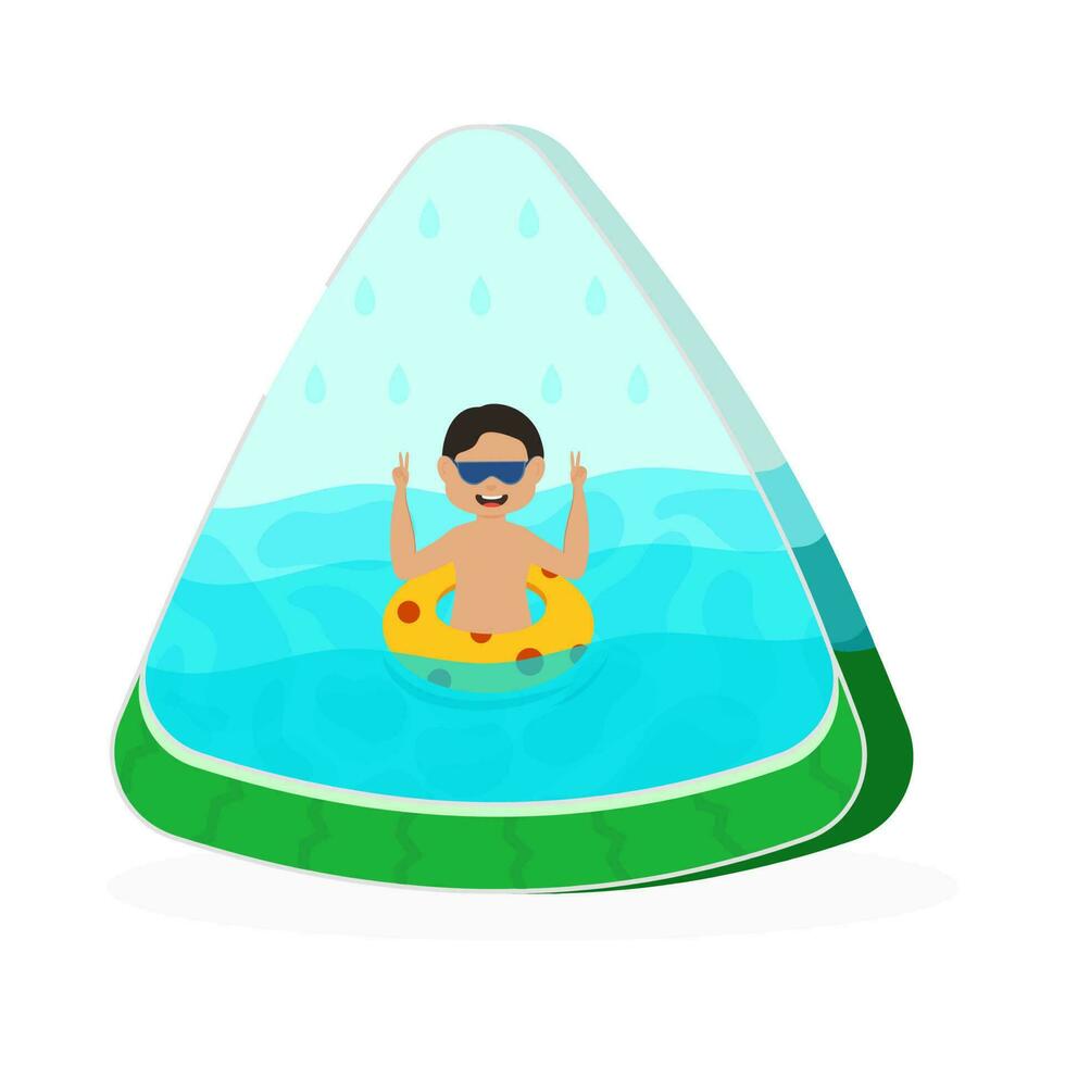 zomer watermeloen concept met een jong jongen zwemmen Aan een zee voor zomer vakantie of reizen concept met ruimte voor uw bericht. vector