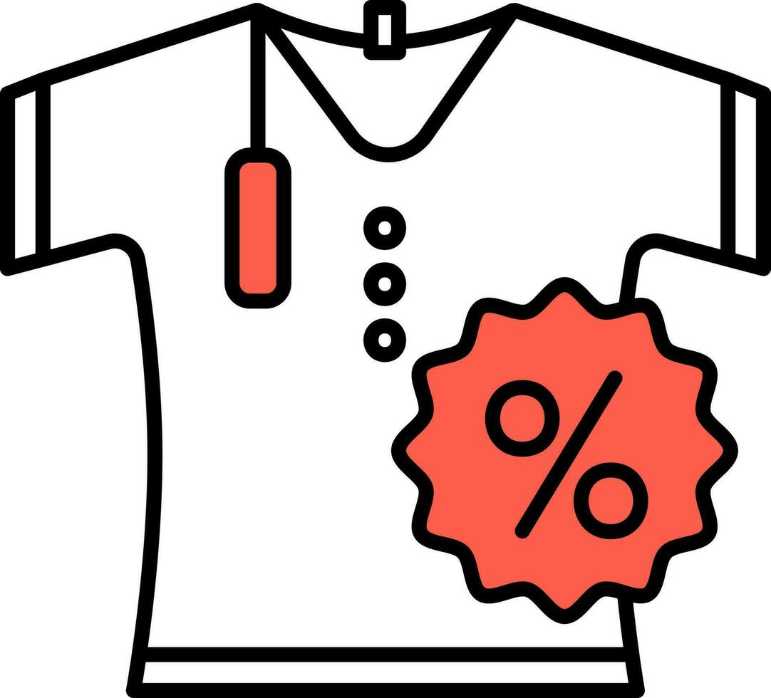 t-shirt en percentage label icoon in rood en wit kleur. vector