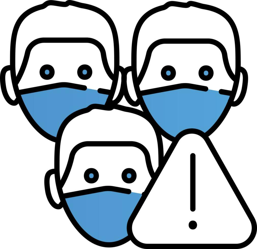 mensen slijtage gezicht masker met waarschuwing teken icoon in blauw en wit kleur. vector